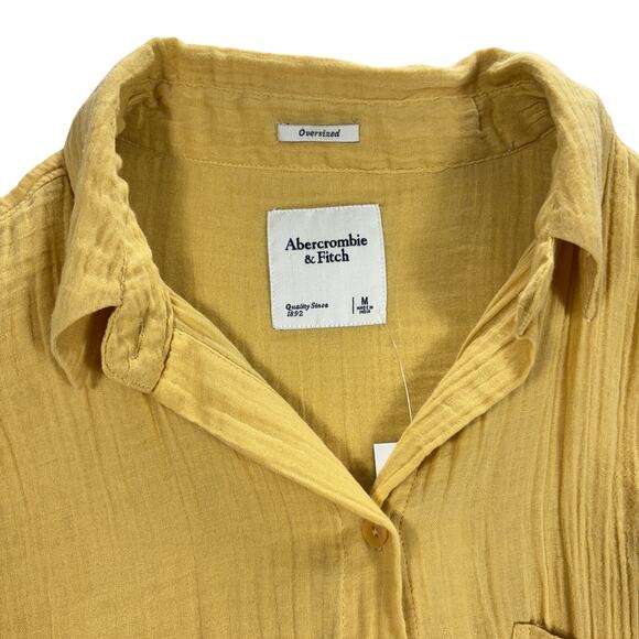 Abercrombie & Fitch Oversized Yellow Crinkle 100% Cotton Button-Up Shirt, Size M - Picture 2 of 7